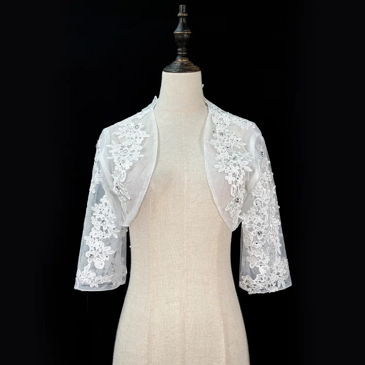 Veste de mariée en dentelle à manches 3/4, élégante, blanche, bon marché, pour mariage