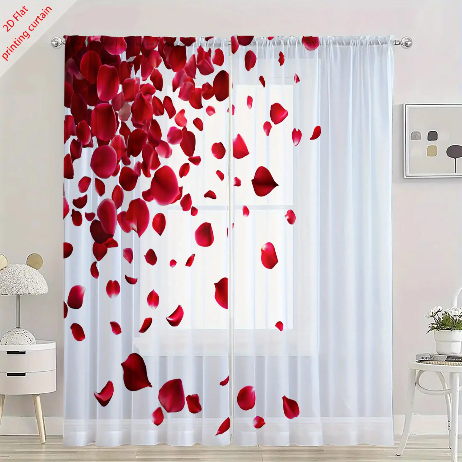 Scattered petal printed transparent gauze curtain, used for office, home, living room, balcony windows, aesthetic decoration