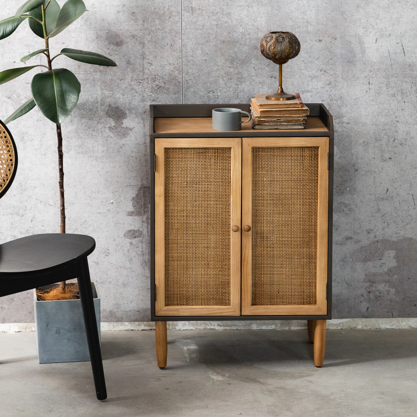 

simple solid wood dining side cabinet double door wrought iron natural rattan bedside storage cabinet double layer cabinet pine