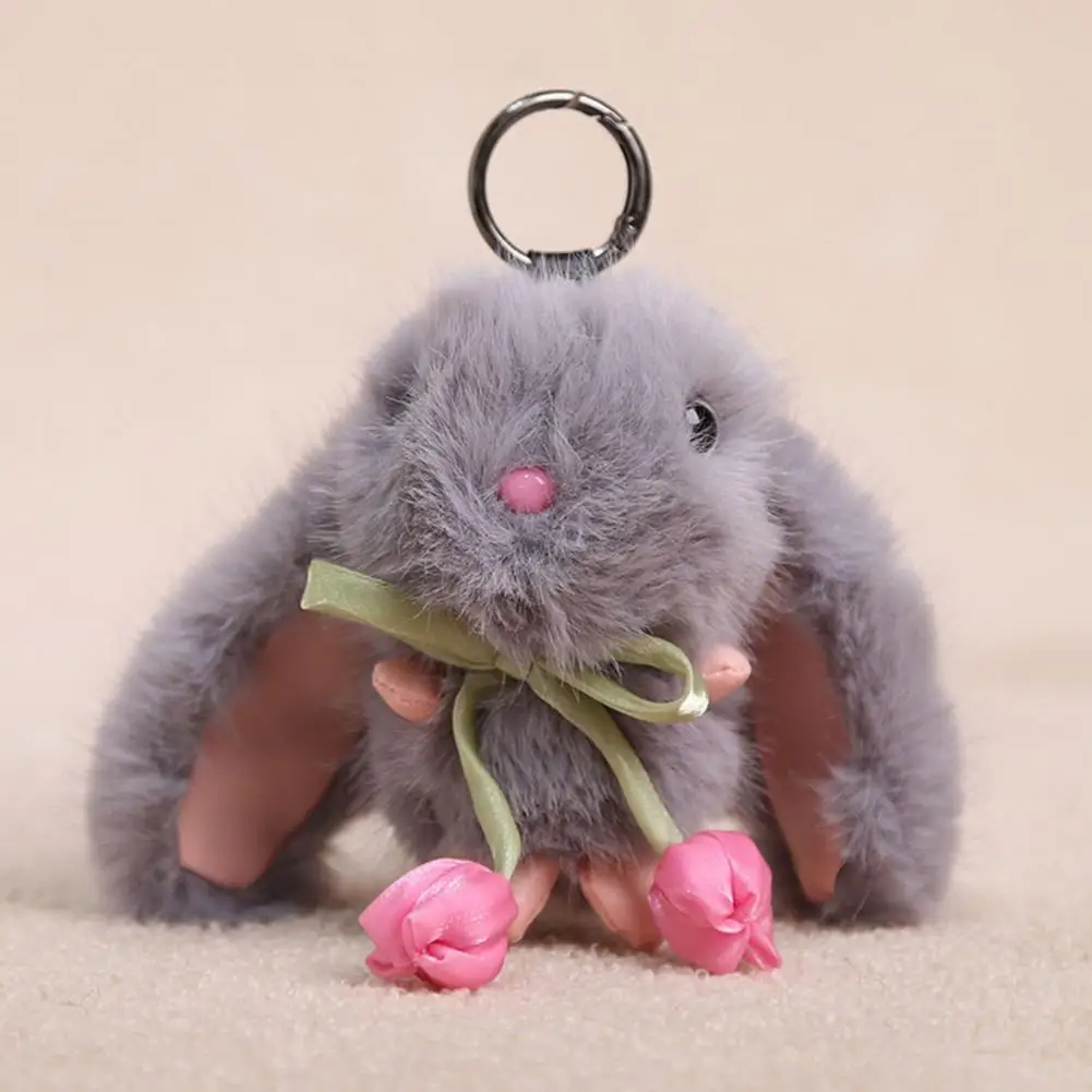 Soft Color Doll Charm Tulip Lop-eared Rabbit Plush Keychain Soft Skin-friendly Bunny Pendant with Ribbon Bow Flower