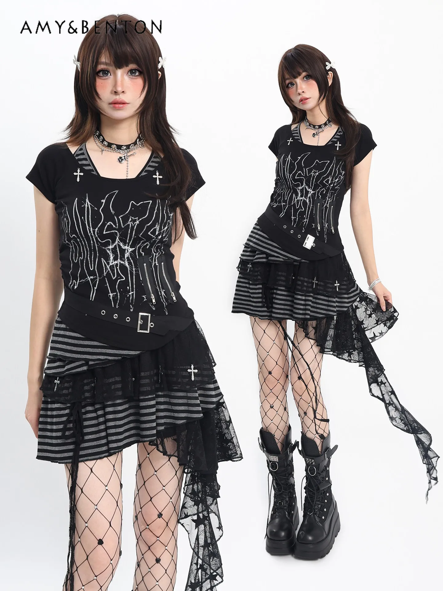 

Subculture Striped Fake Two-piece Short Sleeve T-Shirt Cartoon Printed Tutu Skirt Sets Summer Spice Girls Y2K Gothic Outfits