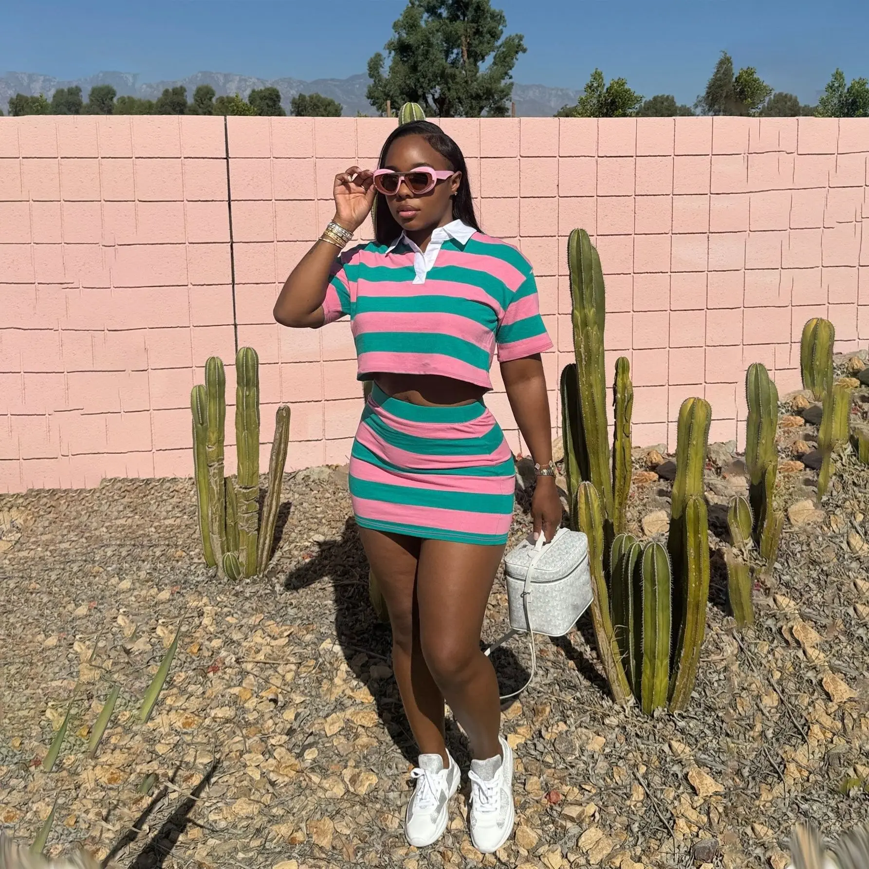 

American New Fashion Women's Striped Casual Trendy Slim 2 Piece Sets Turn-down Collar Short Sleeve Pullover T-shirts Mini Skirts