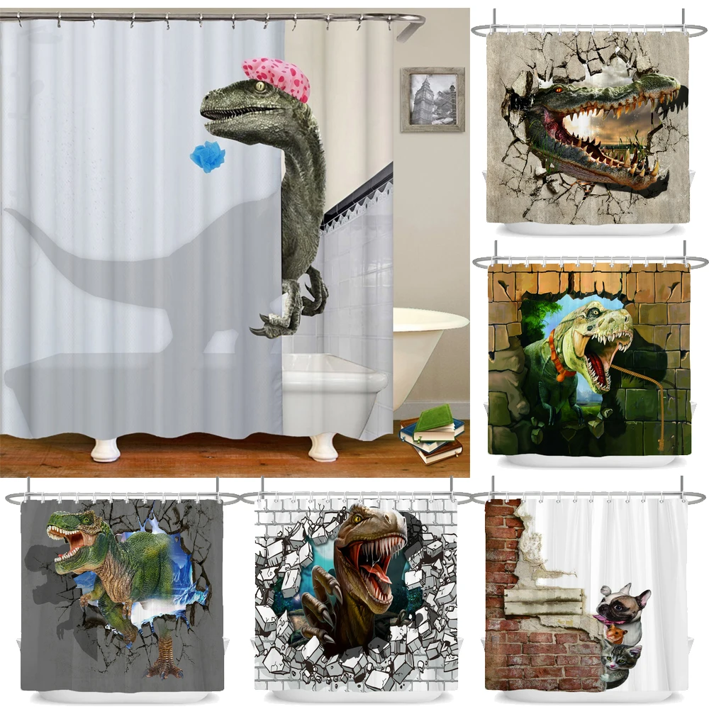 

Funny Dinosaur Shower Curtain Bathroom Dino Cool for Kids Boys Silhouette Animal Cartoon White Fabric Bath Curtain Home Decor
