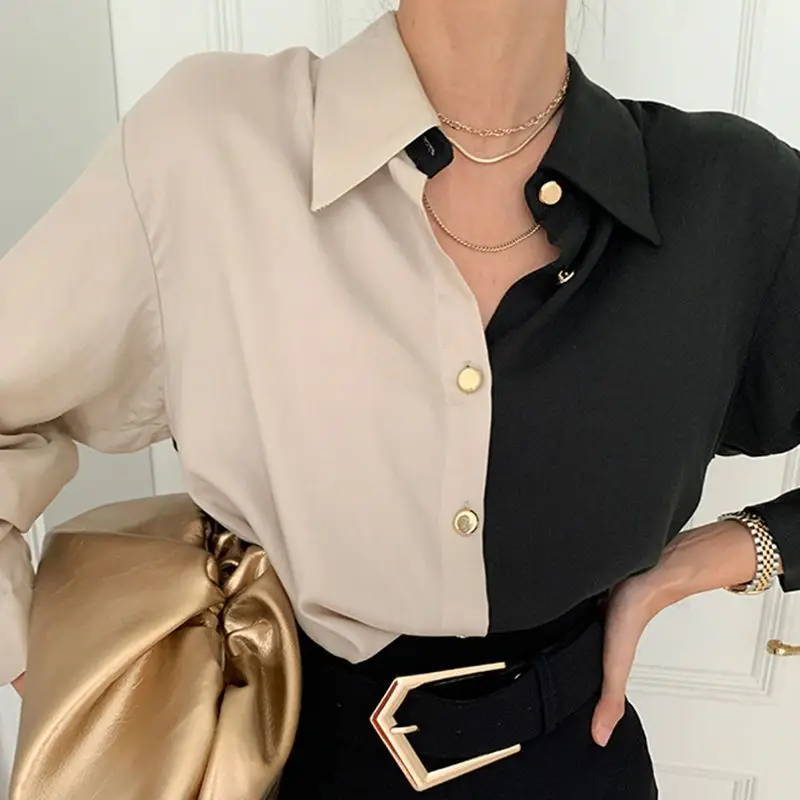 Vintage Color Matching Loose Single-breasted Blouse Women New Classic Long Sleeve Polo Collar Casual All-match Shirt 2023