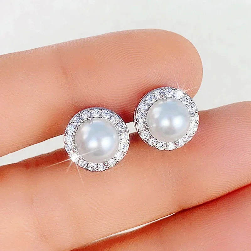 Round 8mm Pearl ball 925 Silver Needle Stud Earrings for Girls round Design Earrings for Women Non Allergic Jewelry New