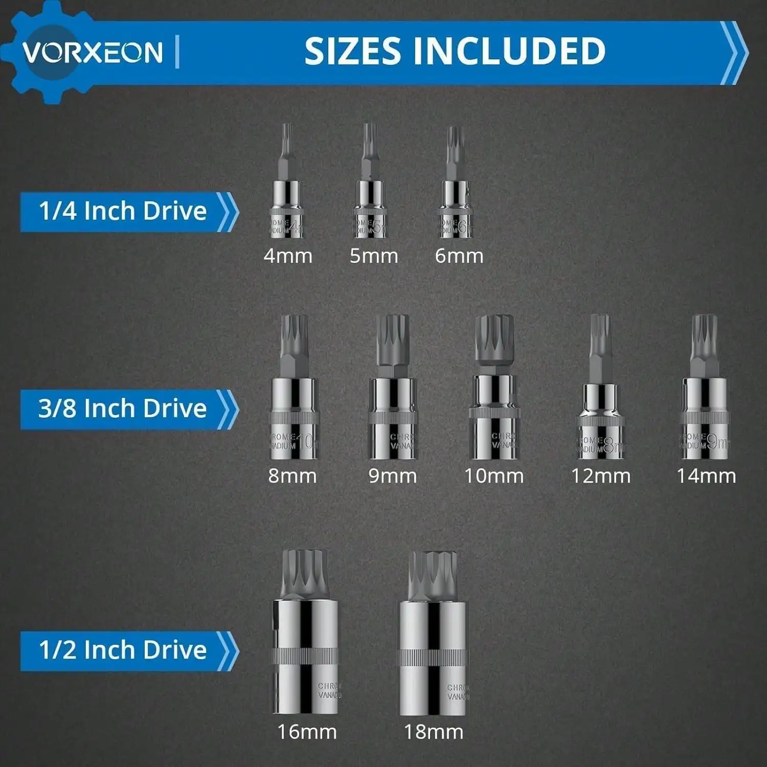 10Pcs 3 Sizes XZN Triple Square Spline Bit Socket Set 4mm-18mm S2 Alloy Steel Bit Socket Tool with Enhanced Storage Case