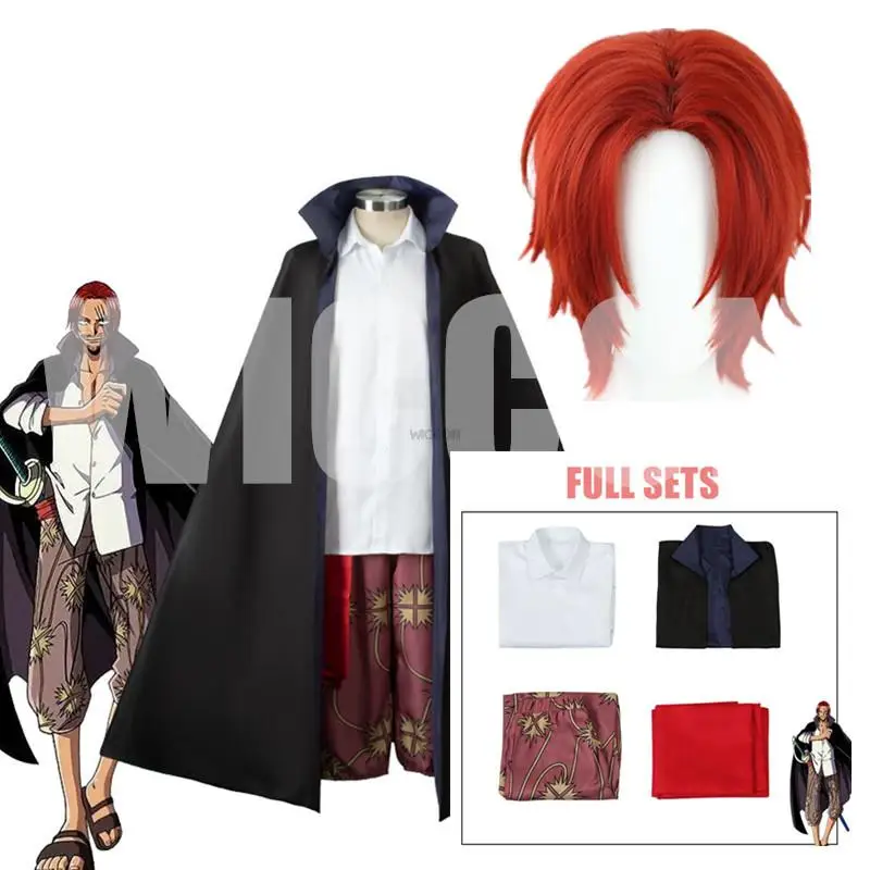 Anime Shanks Roodharige Cosplay Kostuum Shirt Print Broek Riem Zwarte Mantel Jas Rode Pruik Vrouw Man Volwassen Halloween Feestpak