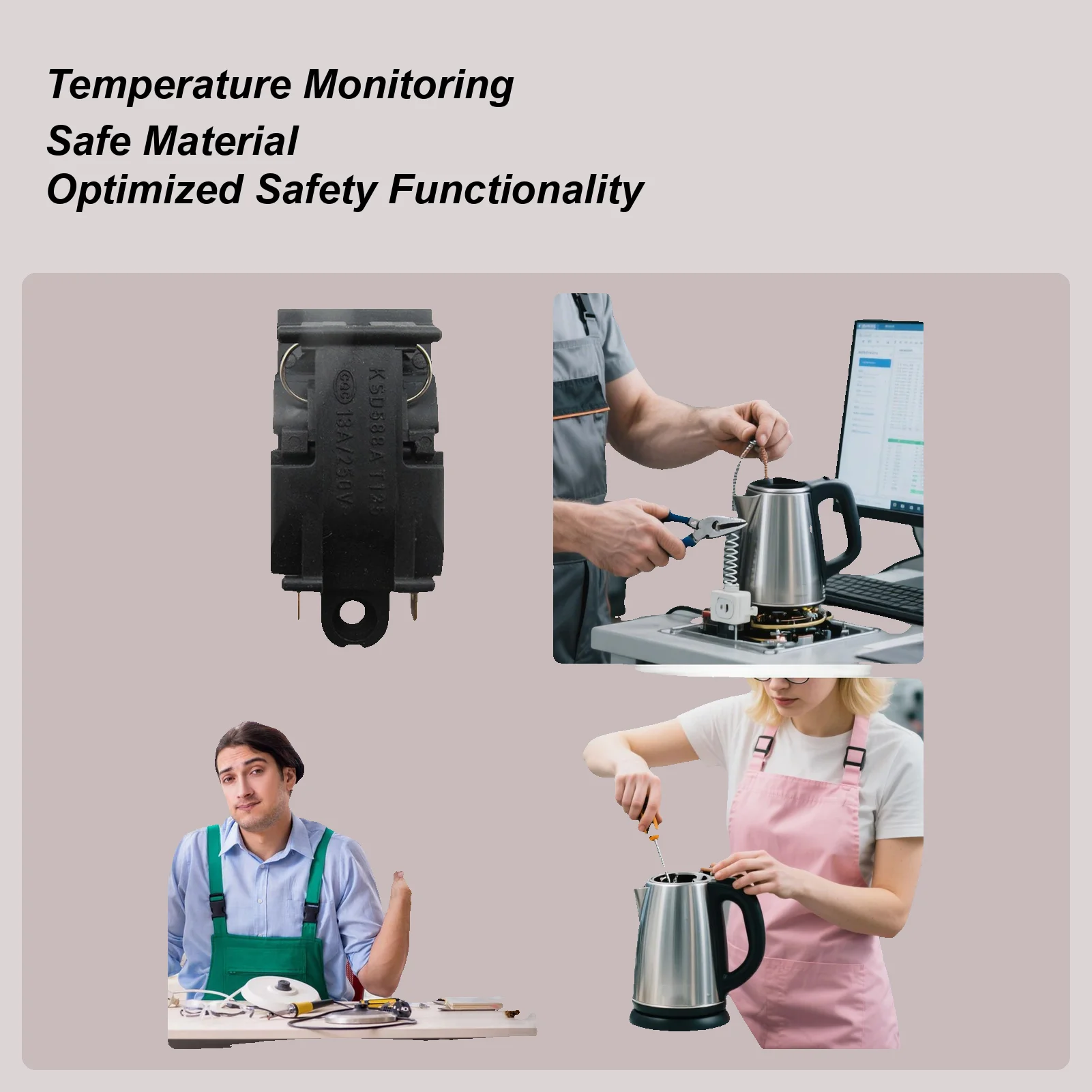 

Кнопка управления чайником, кнопка контроля температуры, запасная часть с защитой, переключатели мощности электрического чайника