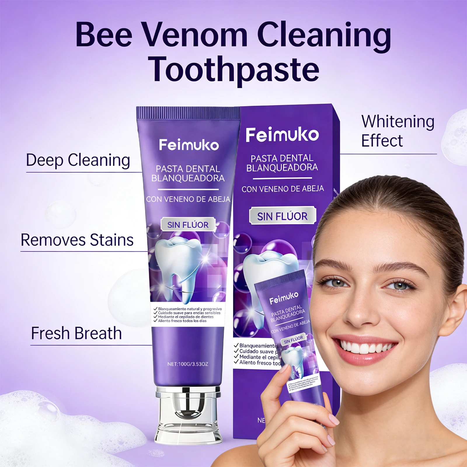 

Отбеливающая зубная паста с пчелиным ядом, удаляет пятна на зубах, глубоко очищает зубы, обеспечивает свежее дыхание, отбеливает зубы, уменьшает неприятный запах изо рта.