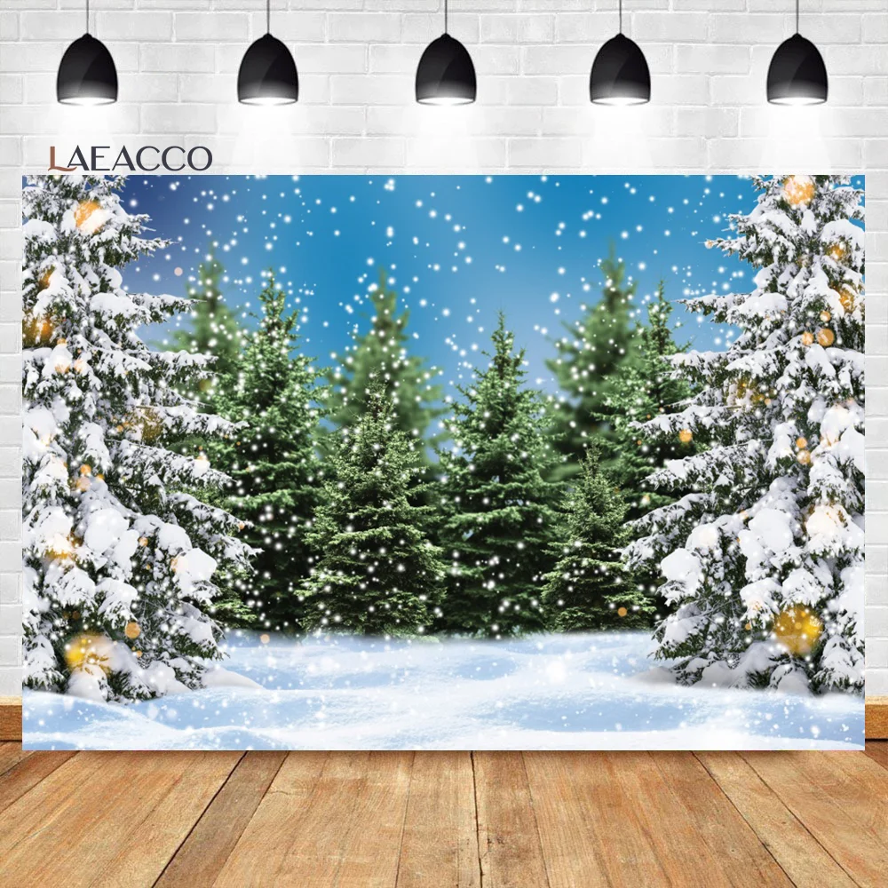 Laeacco Christmas Tree Farm Photography Backdrop Winter Night Dreamy Light Bokeh Forest Kids Birthday Famliy Portrait Background