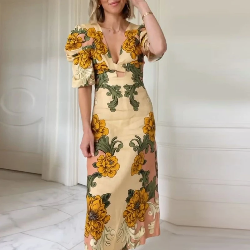 Elegancka Sukienka na Imprezę Damska Letnia Dekolt V Krótki Rękaw Linia A Kwiatowy Nadruk Długa Sukienka Damska Plażowa Wakacyjna Vestidos Boho