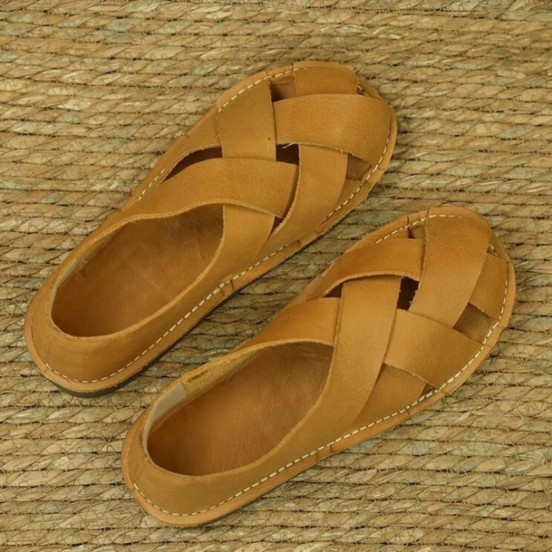 2024 Retro Soft Closed Toe Sandals For Women Luxury Sandals Summer Slip On Summer Beach Sandals Genuine Leather Ladies Sandal