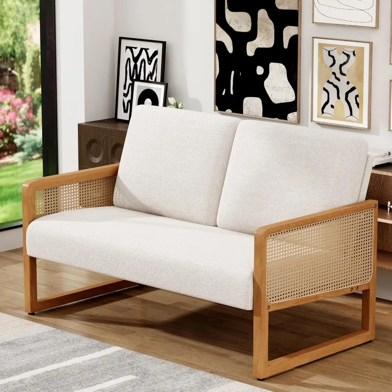 Small Loveseat Sofa with Rattan Arms Linen Mini Couch for Living Room Bedroom Modern Upholstered Love Seat with Wood Legs Ivory