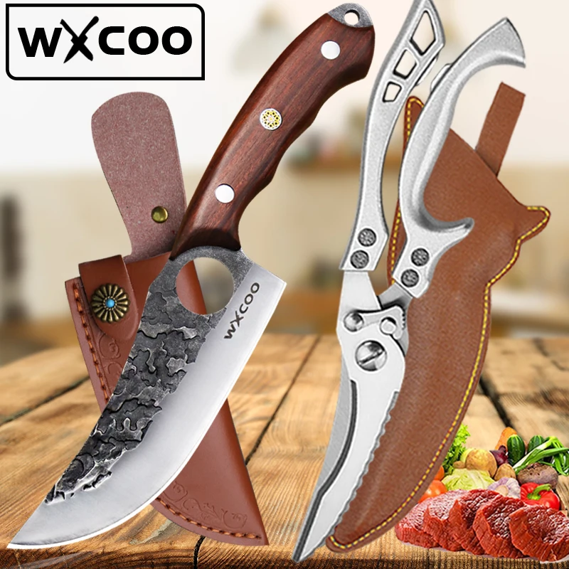 WXCOO Kitchen Scissors Forged Chef Knife Set High Carbon Steel Meat Fish Fruit Knife Butcher Cleaver Boning Knife with Cover