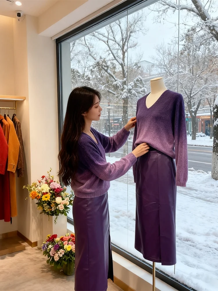 

Autumn Faion Purple adient Sweater Slim Fit f-length Skirt Two-piece Set Women's Casual Sle Winter Ready-to-wear