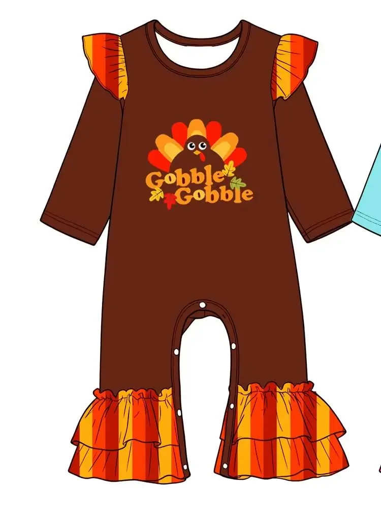Boutique Girls Thanksgiving Outfit  Long Sleeve Turkey Flare Pants Set Baby Jumpsuit  Long Sleeve Striped Girls Dress