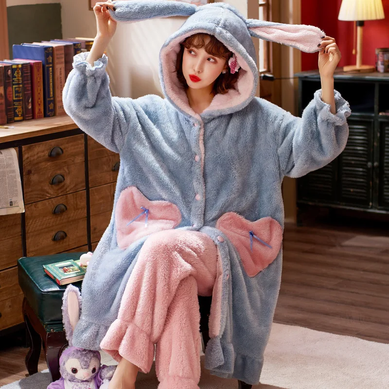 Winter Warm Fleece Pajamas Set For Women Flannel Long-Sleeved Nightgown Lovely Soft Home Wear Plush Sleepwear Cartoon Robes Set