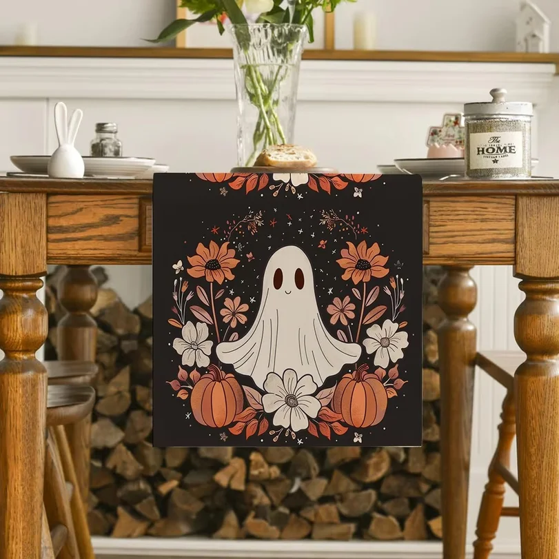 Halloween Cute Ghost Chrysanthemum Table Runners Dresser Table Decor Washable Kitchen Dining Coffee Table Runner Party Decor