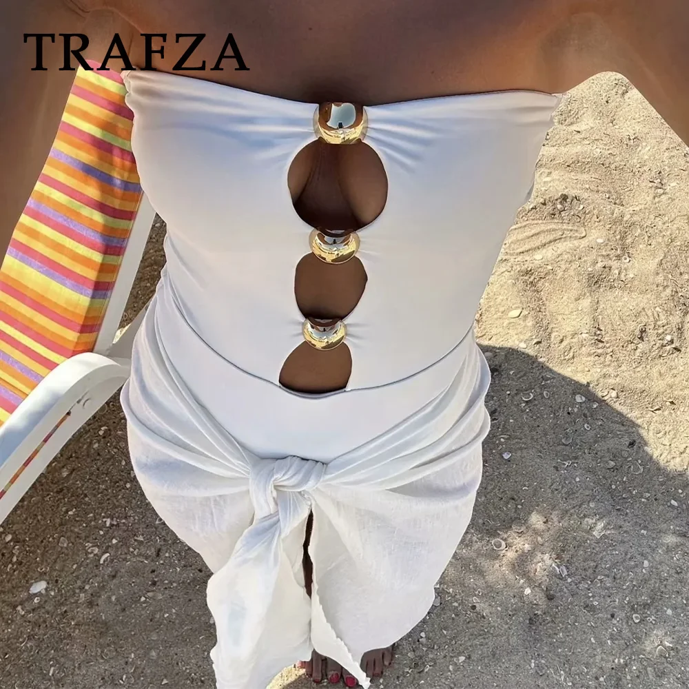 TRAFZA 2024 Spring Summer Beach Style Women Swimwear Fashion Sexy Button Patchwork Beach Club Ladies Slim Chic Swimwear