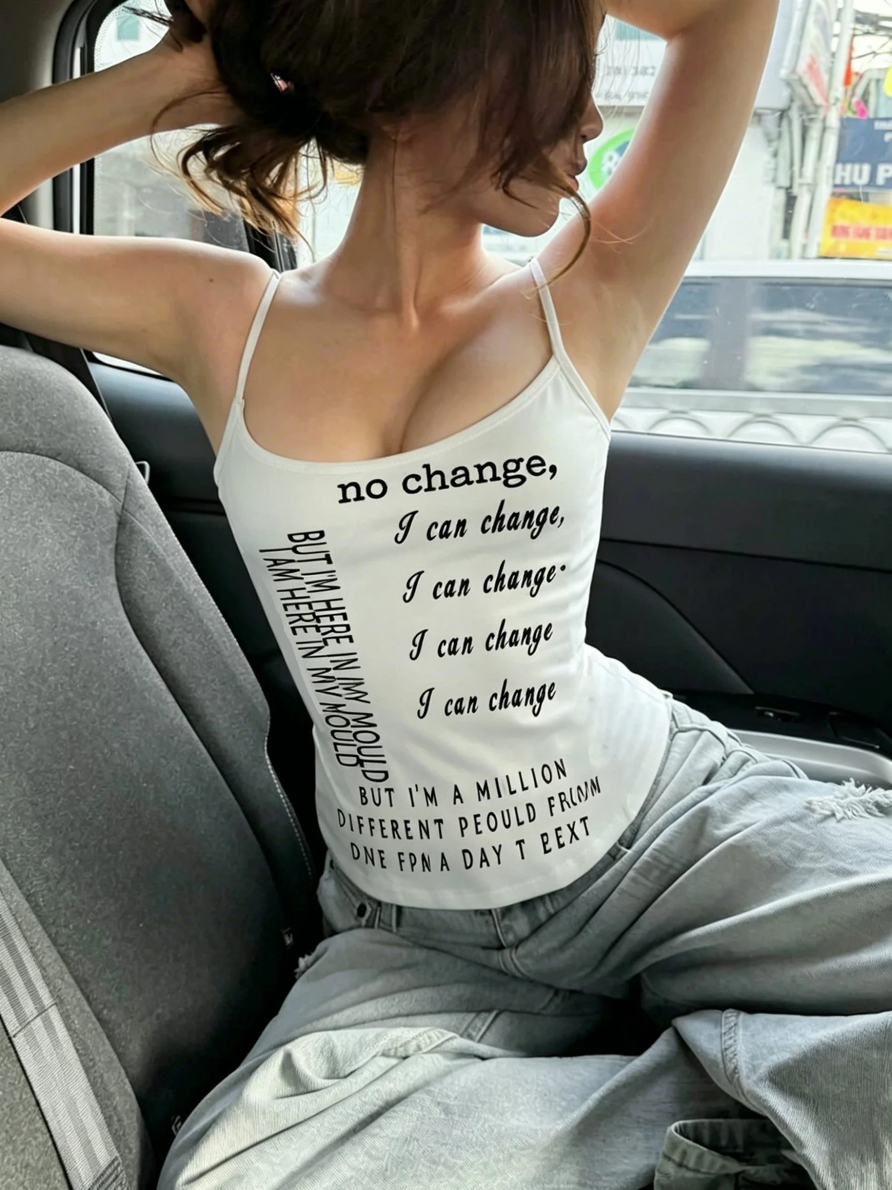 Y2K Aesthetic White Cami Top With Text Print Slim Fit Sleeveless Tank Top For Women Grunge Streetwear Casual Summer Crop Tops