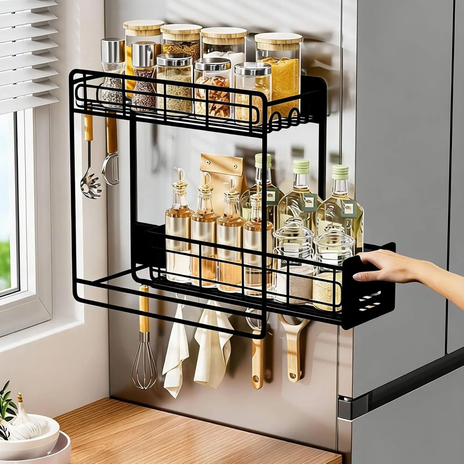 

Магнитные полки для стиральной машины с выдвижной полкой, черные магнитные выдвижные стеллажи для боковой стороны холодильника, магнитные полки для прачечной