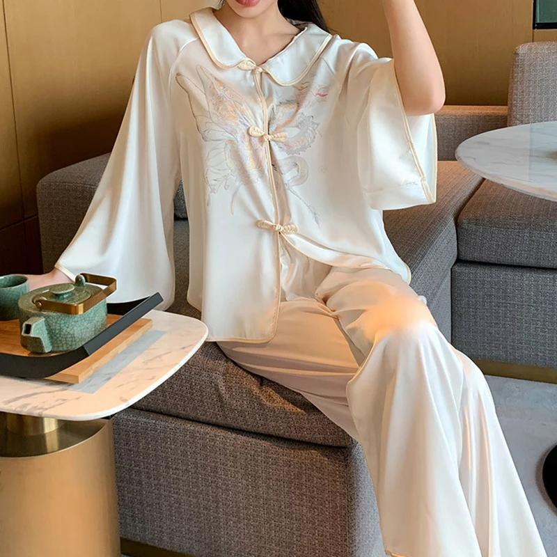 Chinese Style Pyjamas Homewear Lady Silk Satin Trousers Suit Big Sleeve Shirt&pants Butterfly Print Nightwear Loungewear