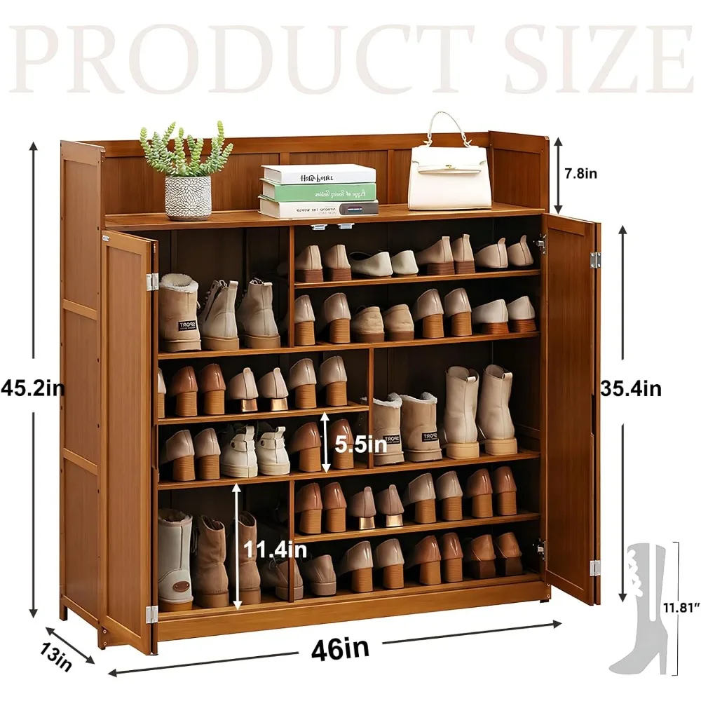 Freestanding Shoe Rack for Closet, 8 Tier Bamboo Shoe Storage Cabinets, Entryway Shoe Cabinet with Doors for 36-40 Pairs