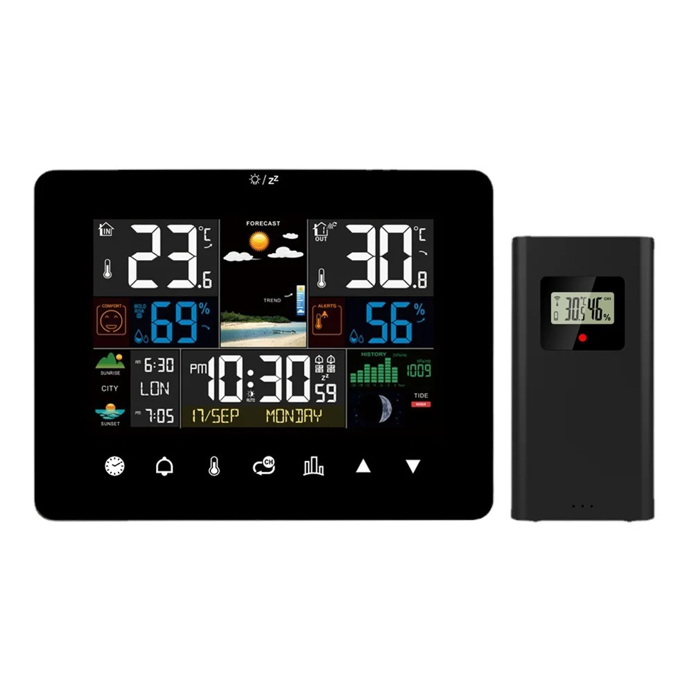 Digital Weather Station Thermometer Touchscreen Display Barometer 7 Language Options Moon Phase/Tide Function Outdoor Sensor