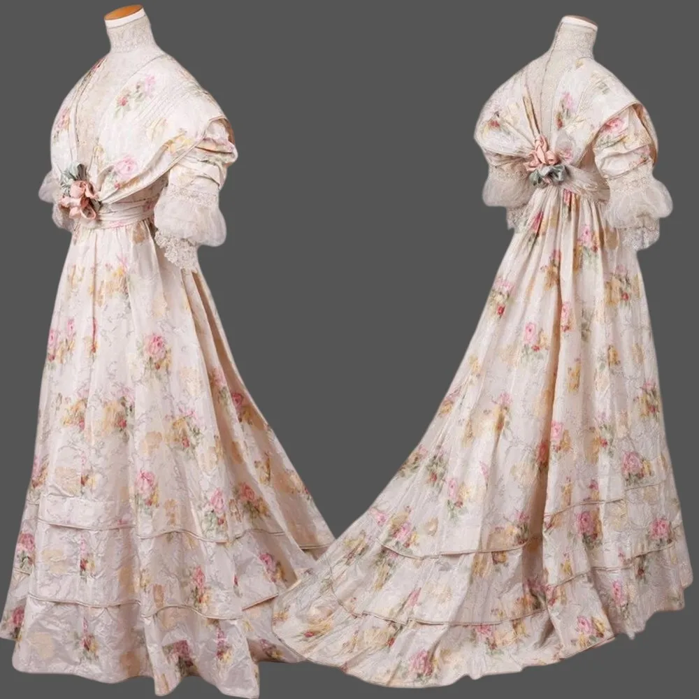 

1909s Afternoon Dress Edwardian Duchess Floral Walking Day Dress Victorian Royal Court Princess Rococo French Manor Ball Gown