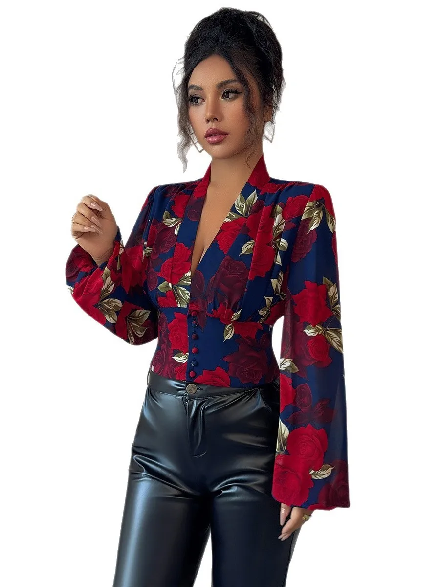 Ele Long Sve Mujer Cuello estampado irt Europeo Sle Bubble Sve Tela de poliéster Niña Otoño Faion irt