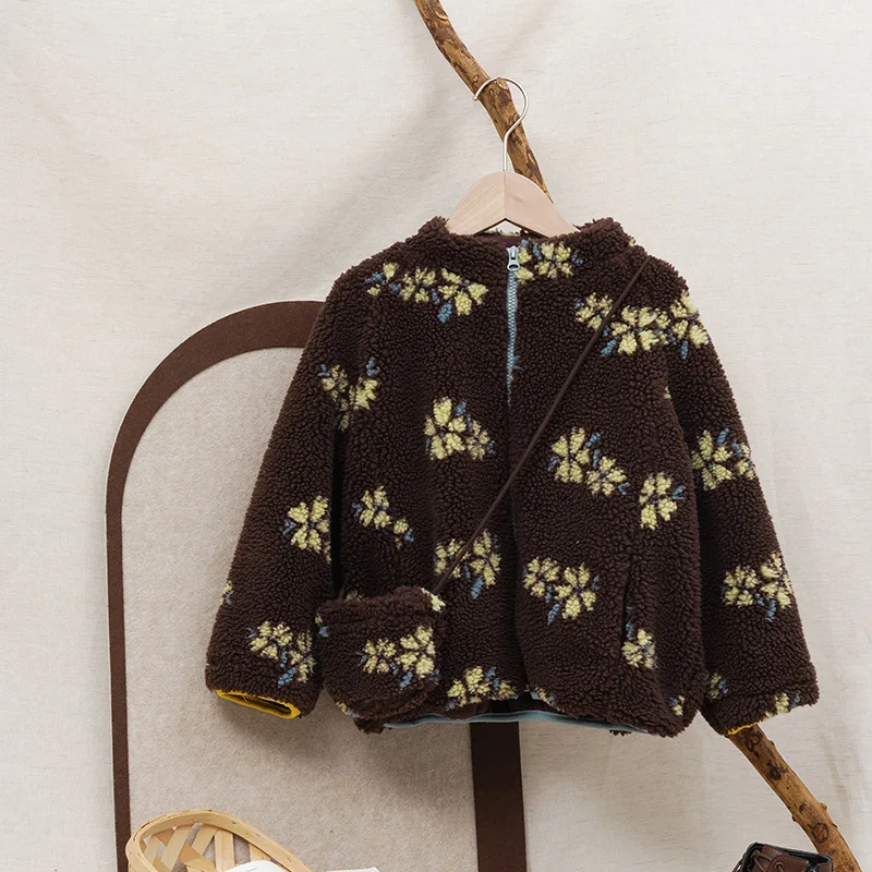 

Stand-up Collar Lamb Wool Jacket Autumn and Winter New Contrasting Cardigan Children's Clothing Retro Long-sleeved Zipper Top