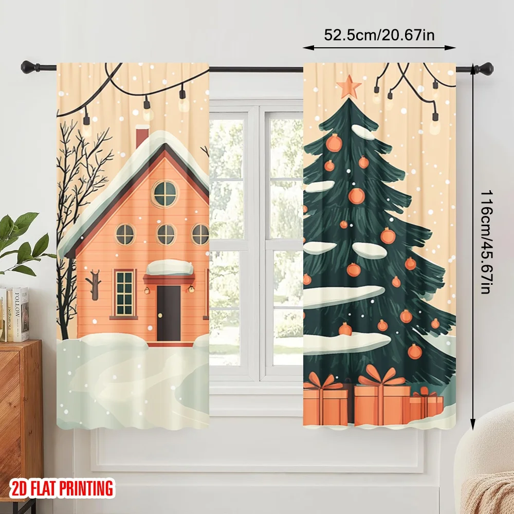 2pcs,2D plane printing Minimalist Curtains Christmas Tree Gifts House Versatile Polyester Fabric (without rod) Versatile All