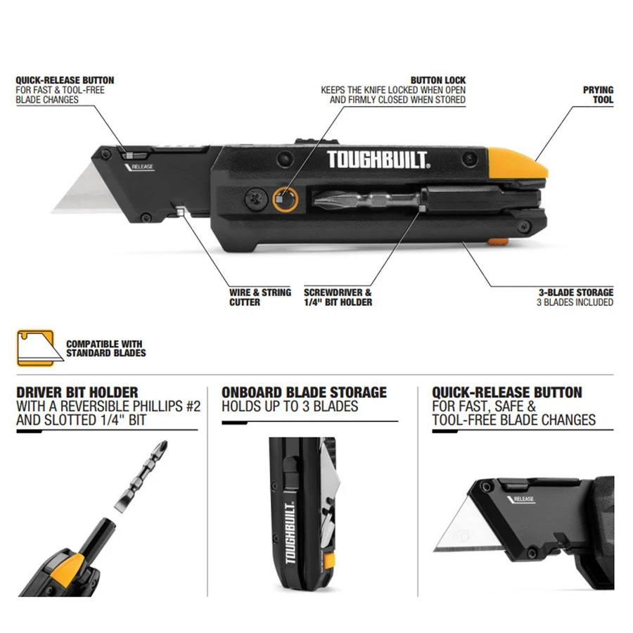 Imagem -03 - Toughbuilt Tb-h412-im em Faca Dobrável para Eletricista Faca Utilitária Multifuncional com Driver de Bits e Ferramenta Manual de Barra de Alavanca