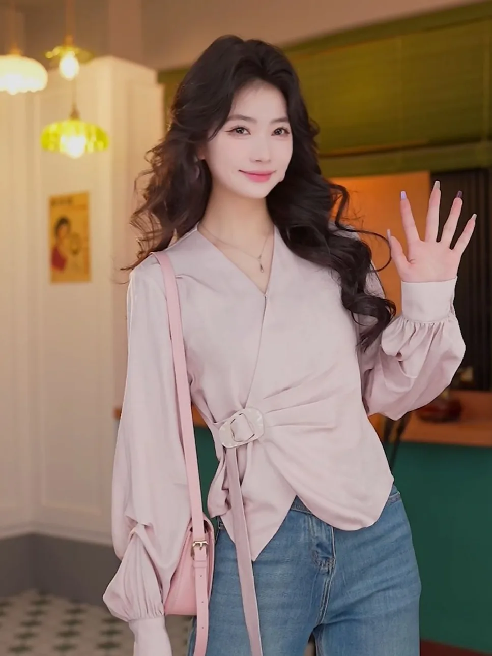 

Long Sve Women's irt Faionable Hong Kong Sle Single Wear Spring Season Casual Loose Fit Polyester Cotton Blend