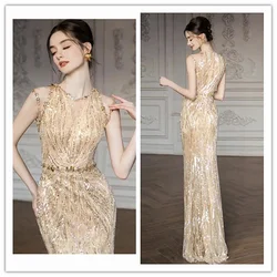 Sequin Gown Dress Women Long Party Night Dresses High Waist Wedding vintage Sleeveless Sexy Slim Elegant Prom Evening Vestidos