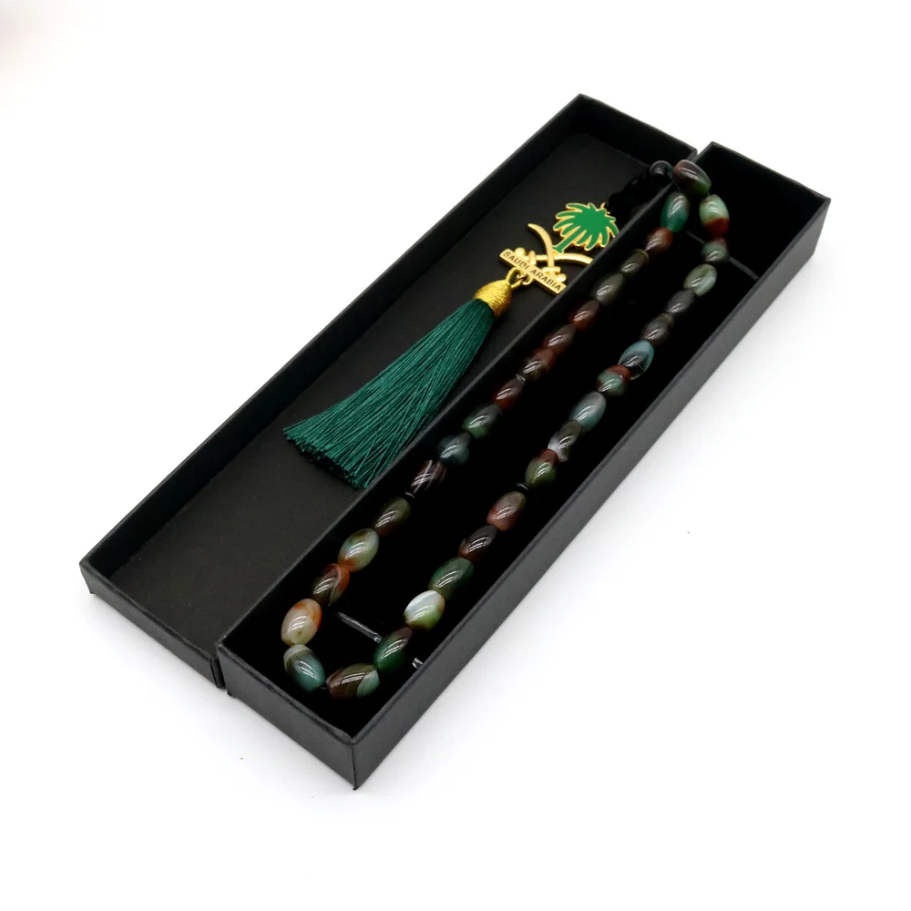 Natural agate 33Tsabih and gift box Oval-shaped 8* 12mm Misbaha man prayer bead rose Islamic Ramadan subha Father Gift