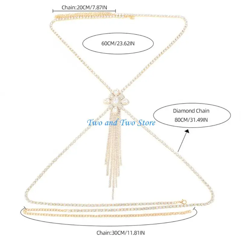 HX6F Shimmering Rhinestones Chest Chain Body Jewelry Fringed Body Chain for Women