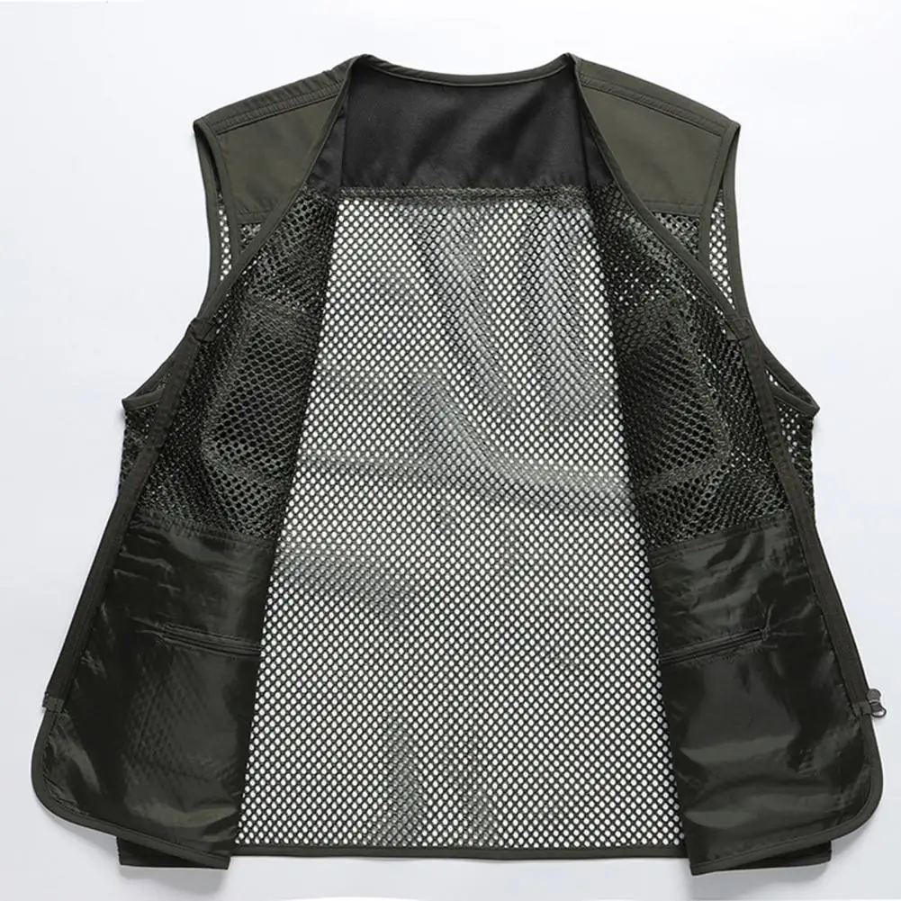 Mid-aged Men Waistcoat Vest Multi-Pocket Hollow Mesh Splicing Vest Zipper Quick Drying Casual Thin Vest Loose Cargo Waistcoat