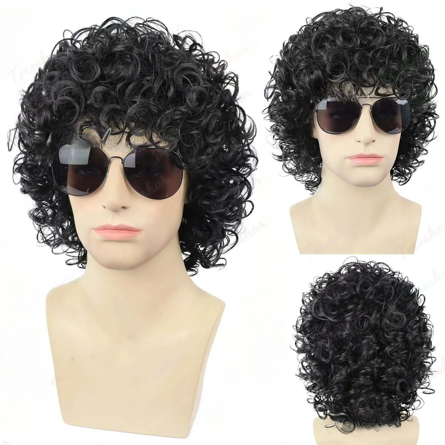 Peruca Curta Preta Cacheada Estilo Rocker Disco com Óculos, Peruca Masculina com Efeito Molhado, Peruca Mullet Anos 70, Peruca Sintética para Cosplay de Michael Jackson para Homens