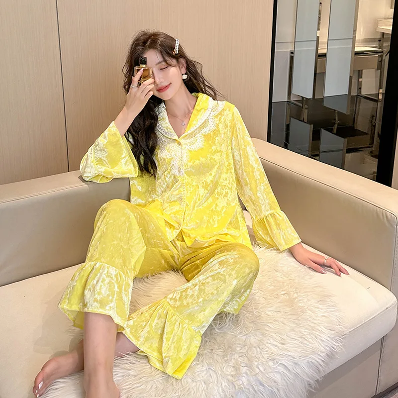 

Sexy Flare Sleeve Homewear Yellow Princess Pajamas Winter New Sleep Set 2Pcs Female's Warm Velour Trousers Set Loungewear