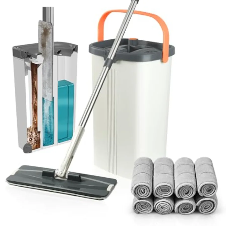 

Набор для уборки: плоская швабра и швабра с отжимом (3-камерная), для влажной и сухой уборки, без ручного отжима, для мытья полов, 8 многоразовых микрофибровых насадок
