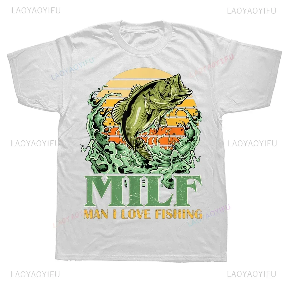 Fun MILF I Love Fishing Patterns Gift for Fishermen T-shirt Summer Street Wear Short Sleeve T-shirt Men's Clothing