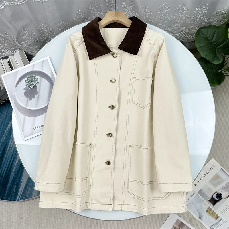 

High Density Cotton Corduroy Windbreaker Jacket Women's Long Sleeve Collar Single Button Closure Color Commute Style