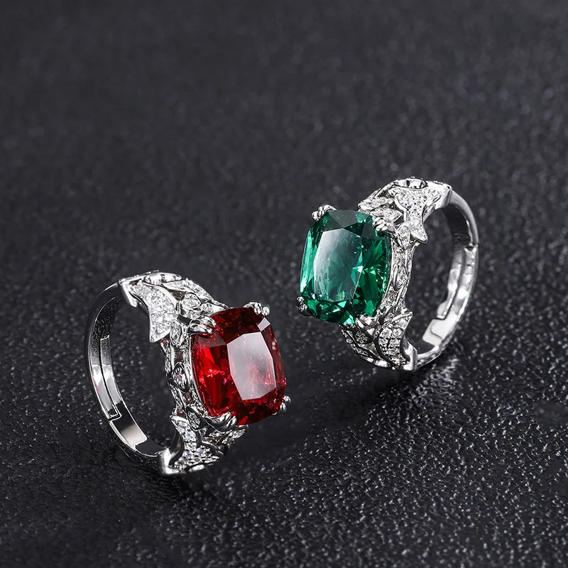 

Jewelry European and American Style Emerald Red Glass Vintage Shiny Diamond-Encrusted Women's Ring Stone 10*12