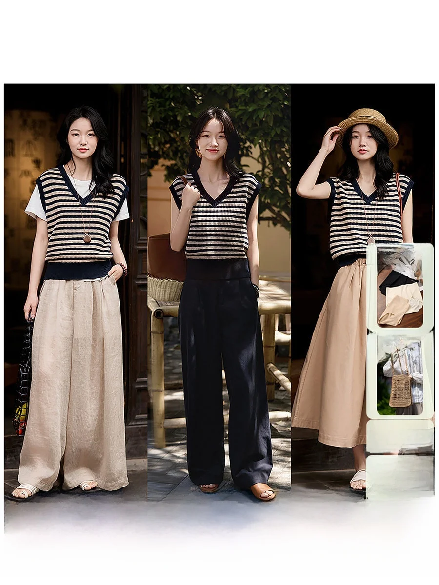 

Женский легкий хлопковый вязаный жилет в стиле Академии Сяо Хань, с V-образным вырезом, без рукавов, с яркими полосками, новинка весенней коллекции