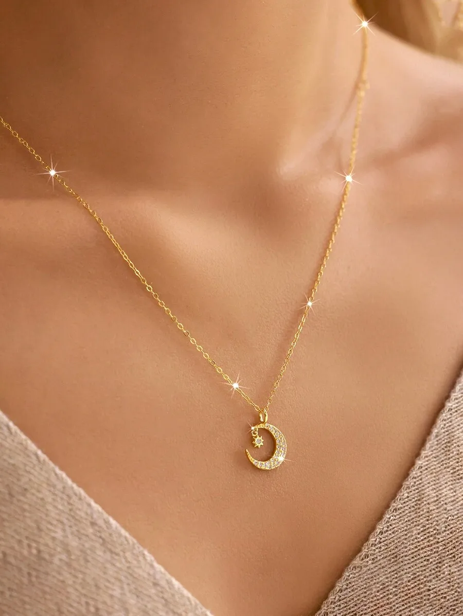 

Elegant Crescent Moon With Star Pendant On Delicate Chain, Women’s Everyday Fashion Jewelry