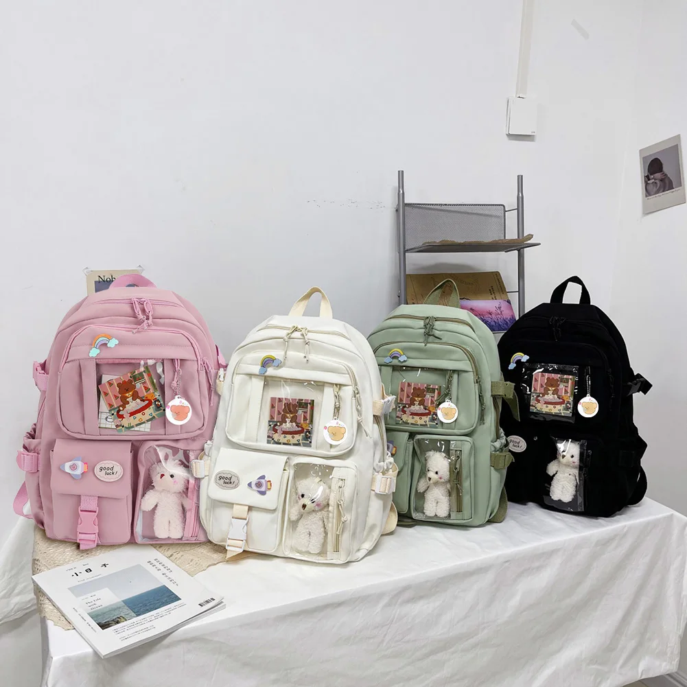 College Student Rucksack Fashion Casual Book Bags Nylon with Plush Pendant Pin Cute Large Capacity Japanese Style for Teen Girls