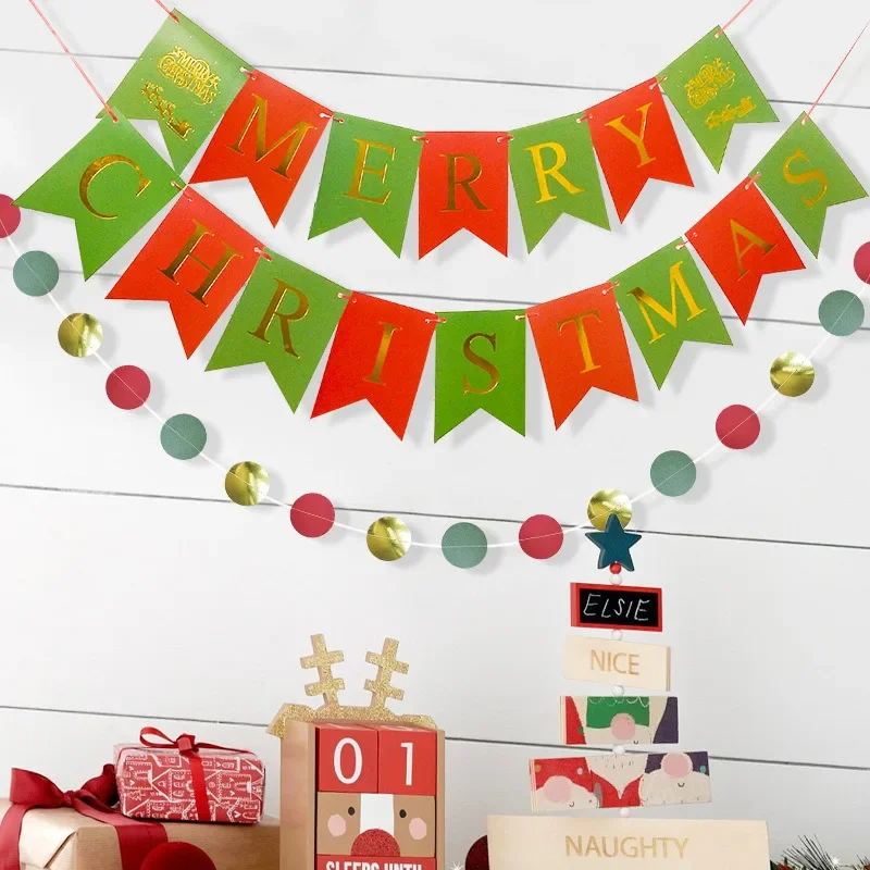 Christmas Red Green Swallowtail Flags Circular Dots Banner Hanging Backdrops Set for Christmas Party Christmas Tree Decorations