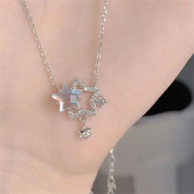 Hollow Rhinestone Double Star Necklace Women Collarbone Chain Design Sense For Girlfriend Party Jewelry Valentine Day Gift