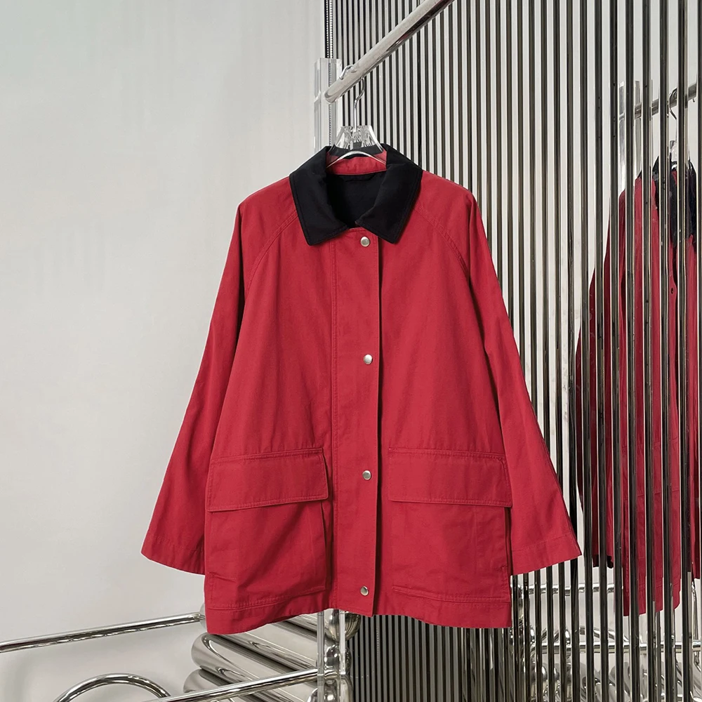 100% Cotton Women's Jacket Y2K Minimalist Style Large Pocket Detail Relaxed Fit Versatile Coat Top Fall 2025 New Arrival